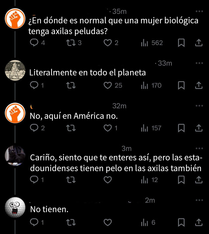 Conversación en redes mostrando ejemplos de ignorancia estadounidense sobre mujeres y axilas peludas.
