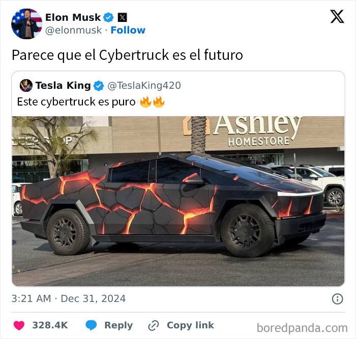 Cybertruck con diseño lava en estacionamiento, demostrando innovación y envejecimiento como el vino en estilo automotriz.