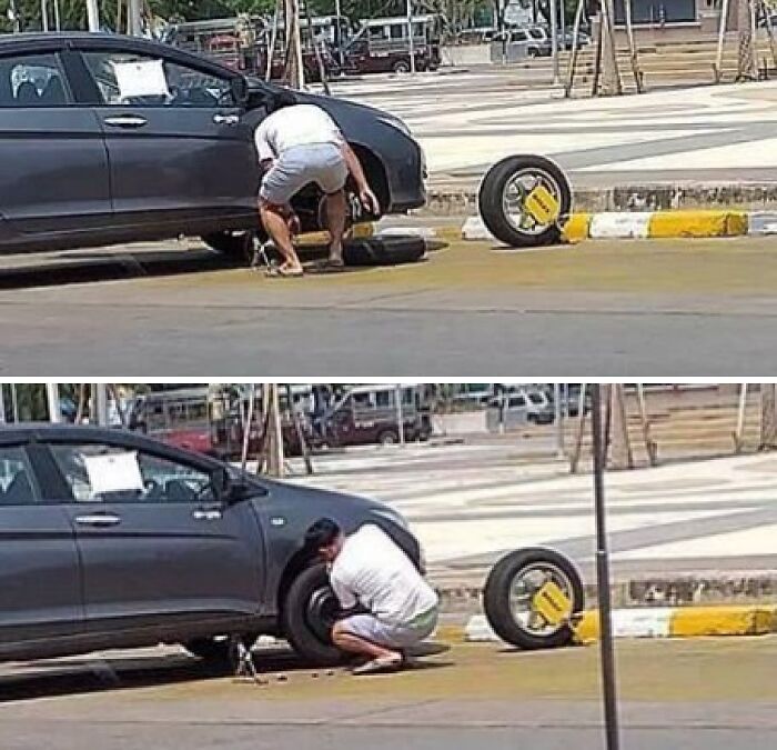 Hombre cambiando la llanta de un coche con la rueda vieja al lado sin preocuparse, ejemplo de personas a las que todo les da igual.