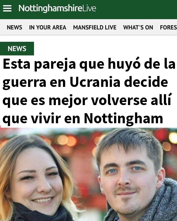 Pareja ucraniana sonriente en Nottingham, imagen que refleja humor británico fuera de contexto en Reino Unido.