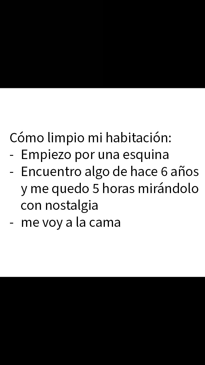 Texto en imagen que describe una manera inusual y nostálgica de limpiar la habitación, captura inusual para museo.
