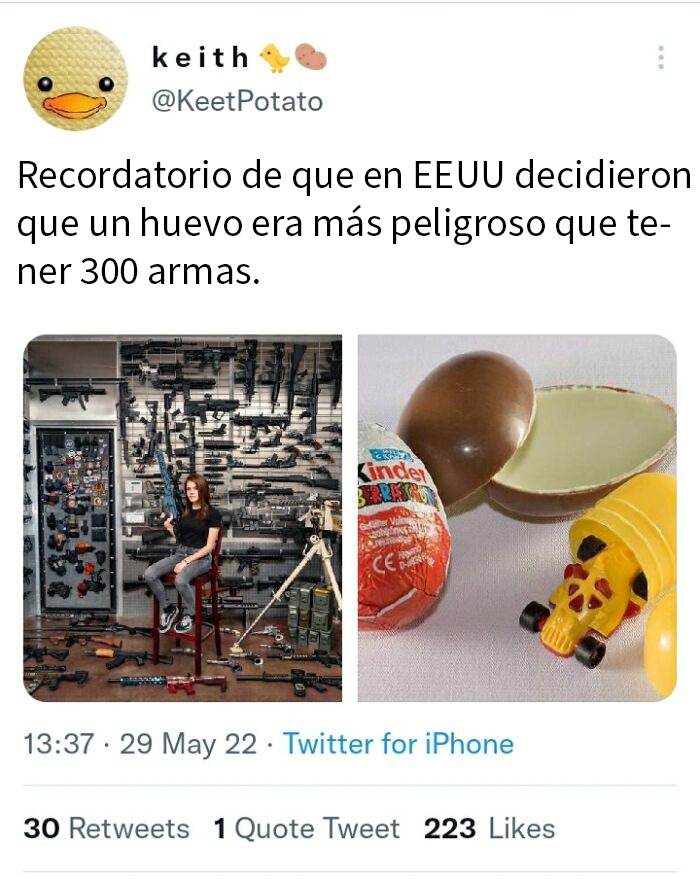 Captura de pantalla inusual que compara la peligrosidad de un huevo con el de tener 300 armas en EEUU.