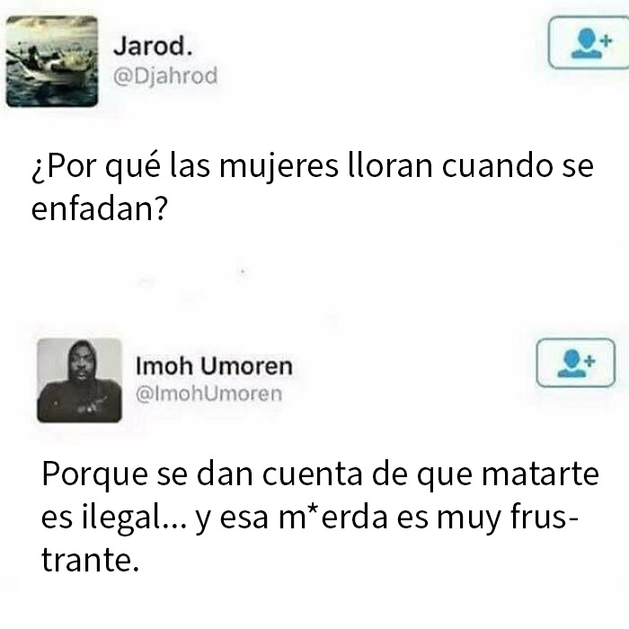 Captura de pantalla inusual con conversación humorística sobre por qué las mujeres lloran al enfadarse en redes sociales.