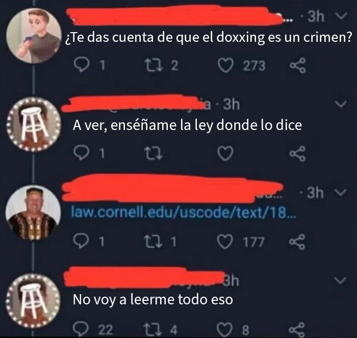 Captura de pantalla inusual de conversación sobre doxxing en redes sociales que podría estar en un museo digital.