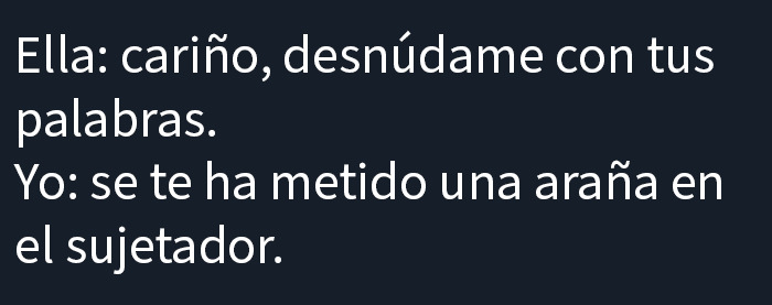 Texto humorístico en español sobre desnudar con palabras y araña en sujetador, captura de pantalla inusual y divertida.