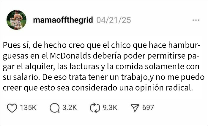Comentario en red social sobre la dificultad de vivir con el salario de un empleado en McDonalds, memes con humor y crudas verdades.