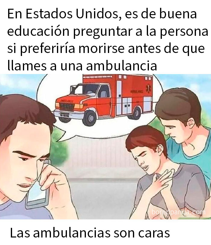Persona en llamada telefónica y otra con dolor, ilustrando memes con humor y crudas verdades sobre ambulancias costosas.