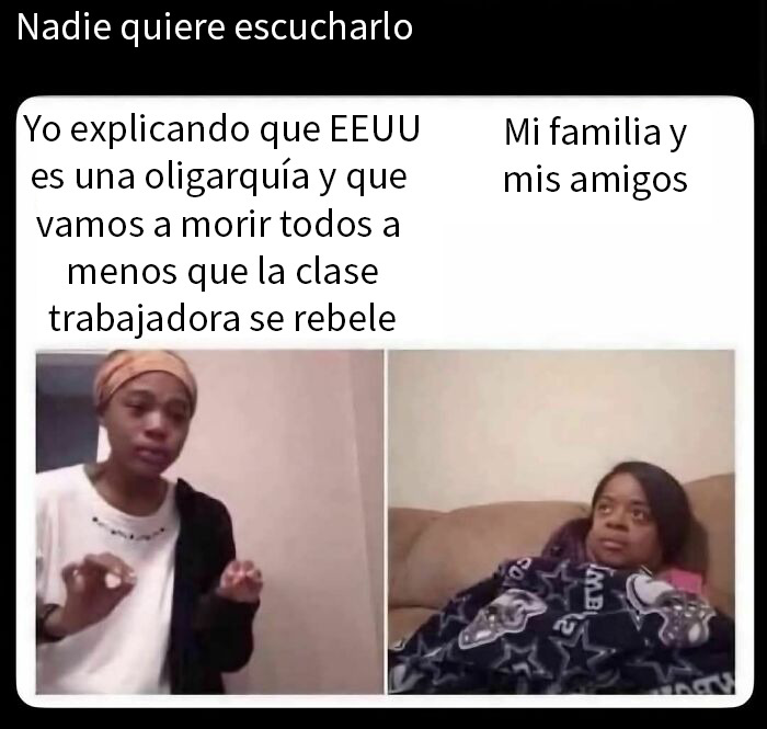 Persona explicando verdades crudas sobre oligarquía en EE.UU. mientras familiares y amigos muestran desinterés en meme impactante y humorístico.