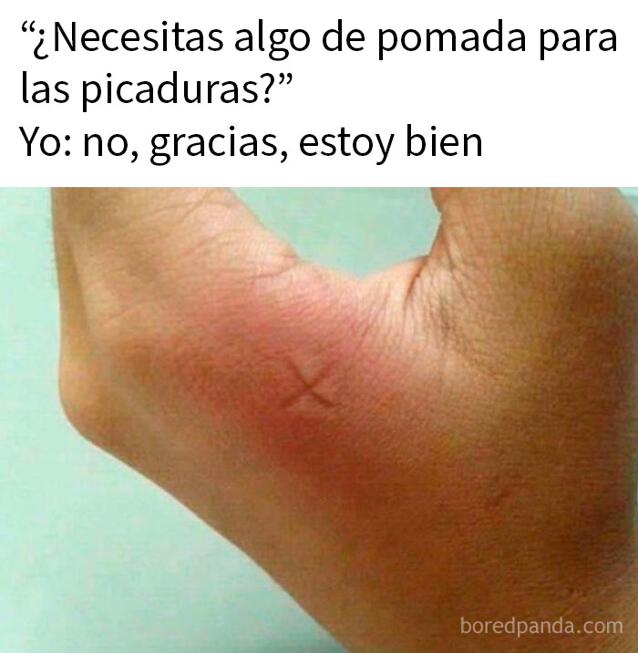 Mano con marca roja en forma de X, meme sobre picaduras, parte de memes y bromas que necesitaron ser explicados.
