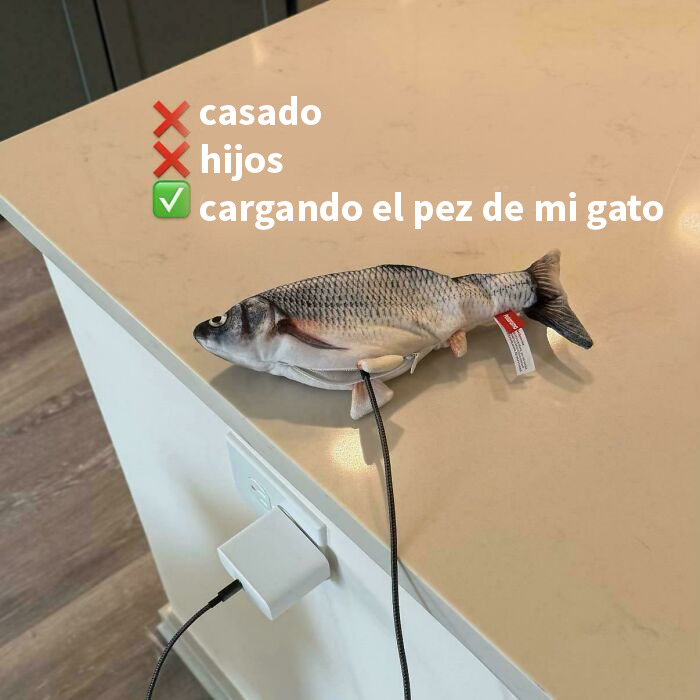 Pez de juguete conectado a cargador en mesa con frase de las mejores frases que probablemente nadie había pensado antes.