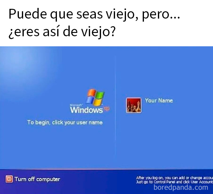 Pantalla de inicio clásica de Windows XP en meme divertido para dosis diaria de risas y entretenimiento.