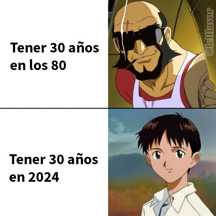 Memes divertidos comparando cómo se veía tener 30 años en los 80 y en 2024 con personajes de anime.