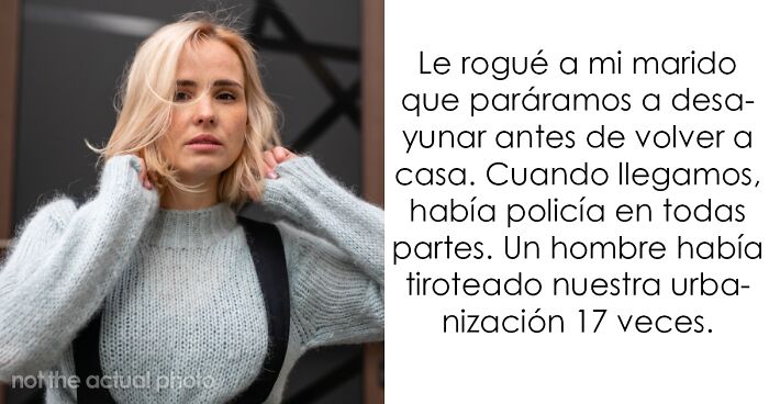 Mujer con presentimiento desagradable frente a escena con policu00eda tras tiroteo en su urbanizaciu00f3n, mostrando preocupaciu00f3n y tensiu00f3n.