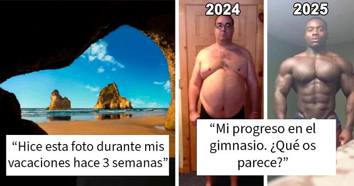 Comparaciu00f3n de dos imu00e1genes falsas que muestran mentiras comunes sobre vacaciones y progreso en el gimnasio en internet.