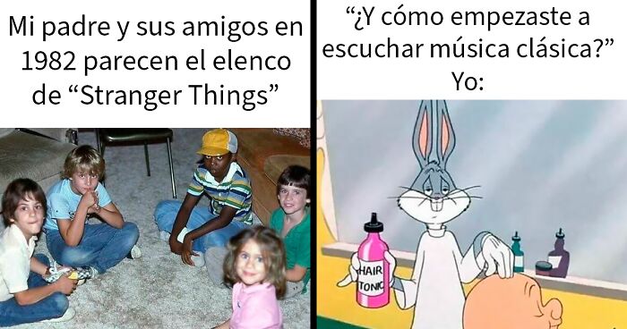 Foto vintage de amigos en 1982 y dibujo animado de Bugs Bunny, memes que solo entenderu00e1s si eres mayor.