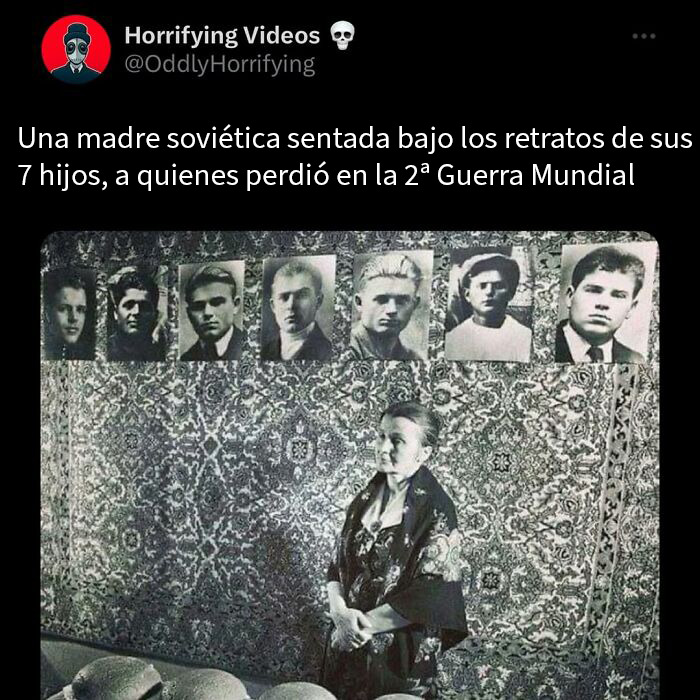Madre soviética junto a retratos de sus 7 hijos caídos en la Segunda Guerra Mundial, imagen de historias extrañamente terroríficas.