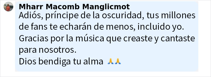 Captura de mensaje emotivo sobre el fallecimiento de Ozzy Osbourne compartido por miembros de Black Sabbath.