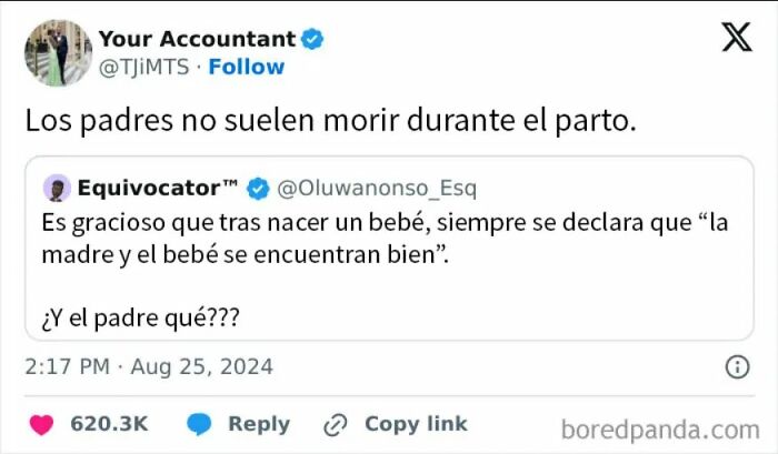 Tuit con publicación ridícula y risible sobre padres y parto causando vergüenza ajena y reacciones en redes sociales.