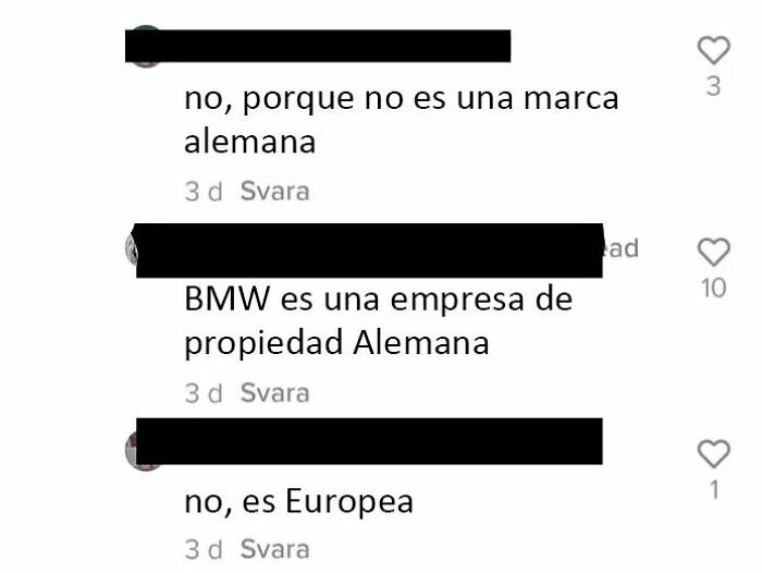 Comentarios confusos sobre la nacionalidad de BMW en una publicación que genera vergüenza ajena por su contenido risible.
