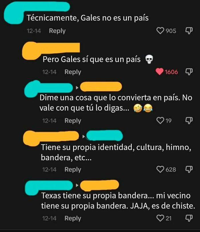 Conversación sobre si Gales es un país con comentarios que generan vergüenza ajena por su tono y contenido risible.