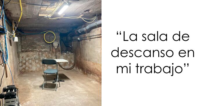 Sala de descanso pequeu00f1a y descuidada en lugar de trabajo tu00f3xico con paredes sucias y cables expuestos.