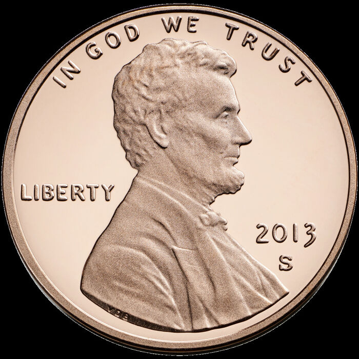 Moneda de un centavo estadounidense de 2013 mostrando el perfil de Abraham Lincoln en primer plano.