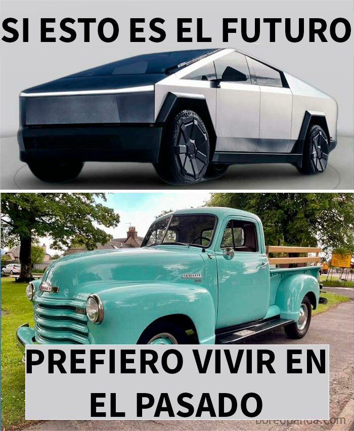 Vehículo futurista y camioneta clásica de los años 80 que muestran partes de nuestras vidas que ya no existen.