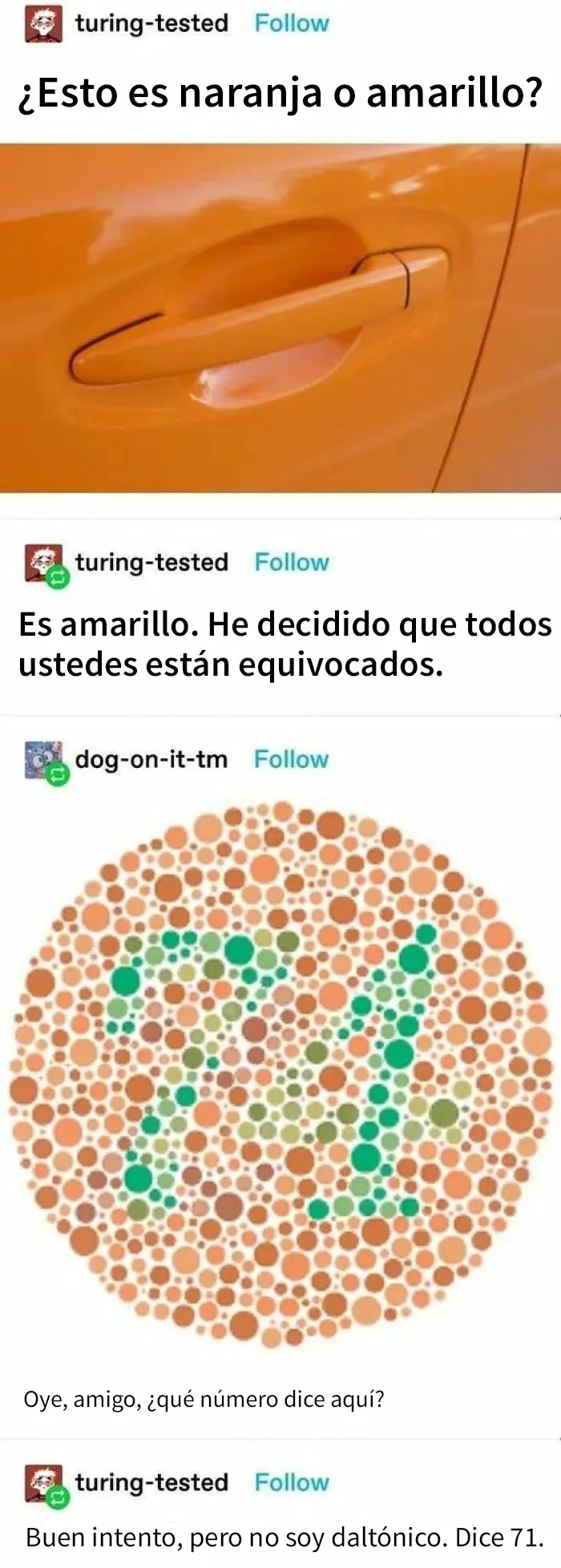 Mano señalando una manija de carro color naranja o amarillo y prueba de daltonismo con número 71 en círculo de puntos.