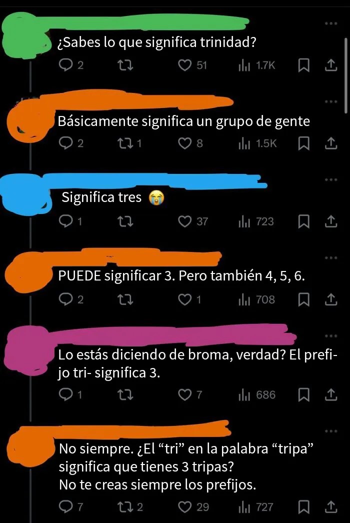 Conversación en Twitter con personas discutiendo el significado y prefijos de la palabra Trinidad.
