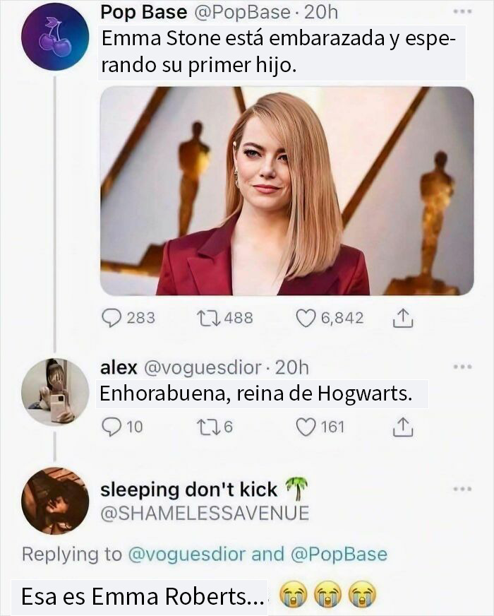 Comentarios en redes con error al corregir a alguien sobre embarazo de Emma Stone, haciendo referencia a confusión con Emma Roberts.