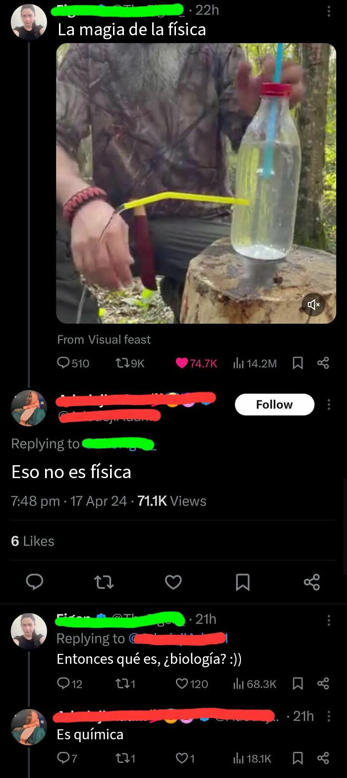 Persona corrigiendo concepto de física en redes sociales, generando debate sobre química y biología con respuestas divertidas.