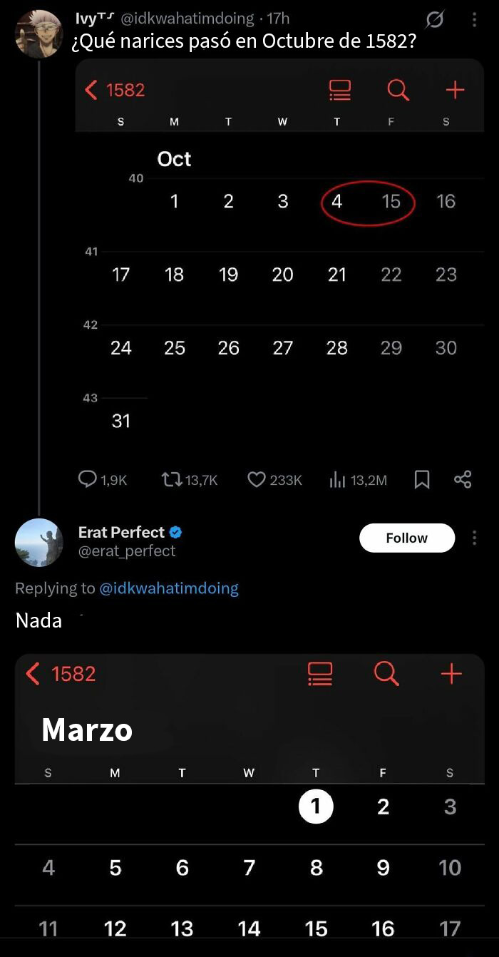 Pantallas de calendario y conversación en Twitter con humor sobre corregir fechas históricas y contenido viral.
