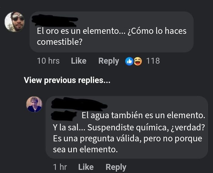 Comentario en redes cuestionando sobre el oro comestible y respuesta con corrección química que genera discusión.
