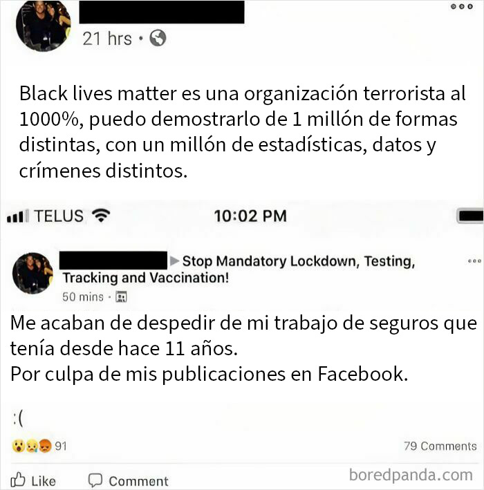 Publicación en redes sociales mostrando despido por comentarios inapropiados en el trabajo relacionados con polémicas.