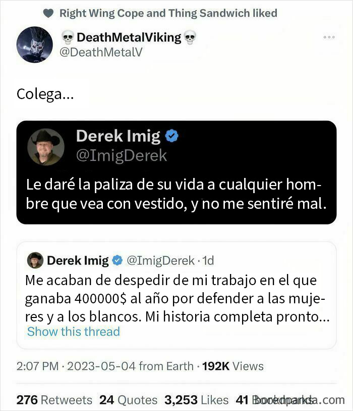 Captura de tweet mostrando despido por comportamiento inapropiado en el trabajo y defensa de temas sociales controversiales.