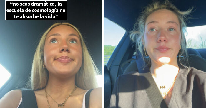 Mujer mostrando fotos de antes y después con cambios visibles en su rostro y expresión, ilustrando transformación personal.