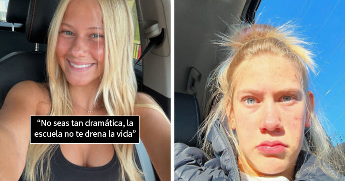 Mujer mostrando fotos de antes y después con cambios inesperados reflejando cómo la vida les pasó por encima.