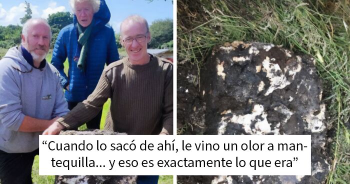 Tres hombres sonrientes muestran un bloque antiguo cubierto de tierra, revelando datos histu00f3ricos interesantes poco conocidos.