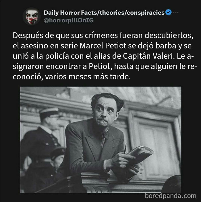Asesino en serie Marcel Petiot en juicio, imagen en blanco y negro, dato terrorífico para historias e imágenes terroríficas.