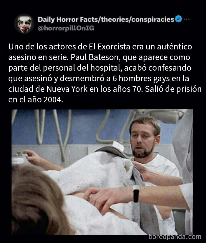 Imagen con dato terrorífico sobre un actor de El Exorcista que fue un asesino en serie, parte de historias terroríficas para no dormir.