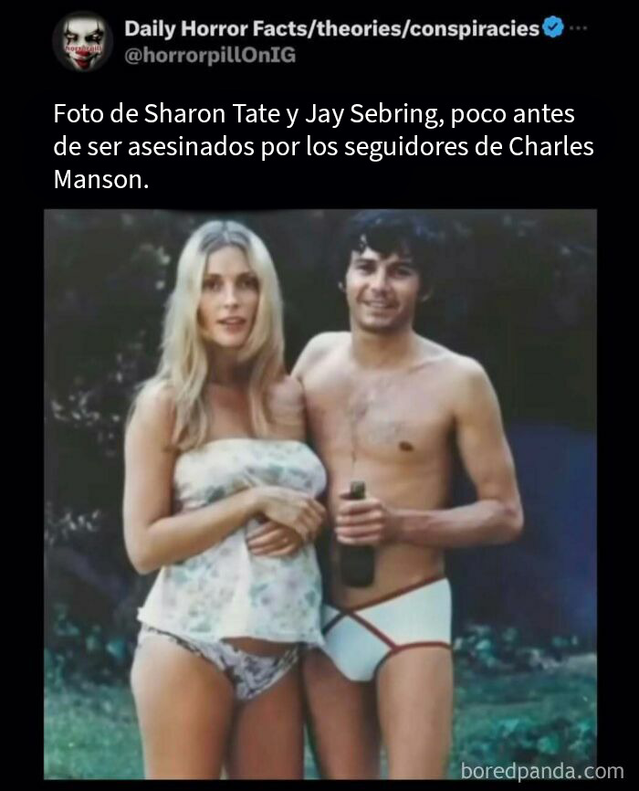 Foto en color de Sharon Tate y Jay Sebring antes de su asesinato, parte de datos e historias terroríficas para no dormir.