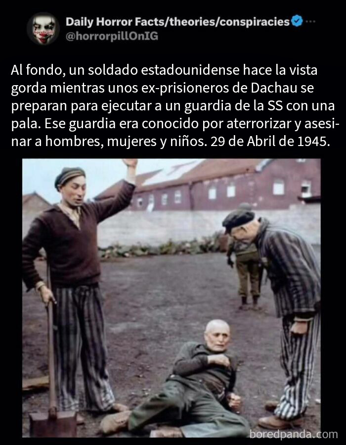 Ex prisioneros de Dachau ejecutan a guardia de la SS en imagen terrorífica con datos e historias para no leer antes de dormir.