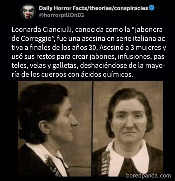Retrato policial en blanco y negro de Leonarda Cianciulli, figura en datos e imágenes terroríficas antes de dormir.