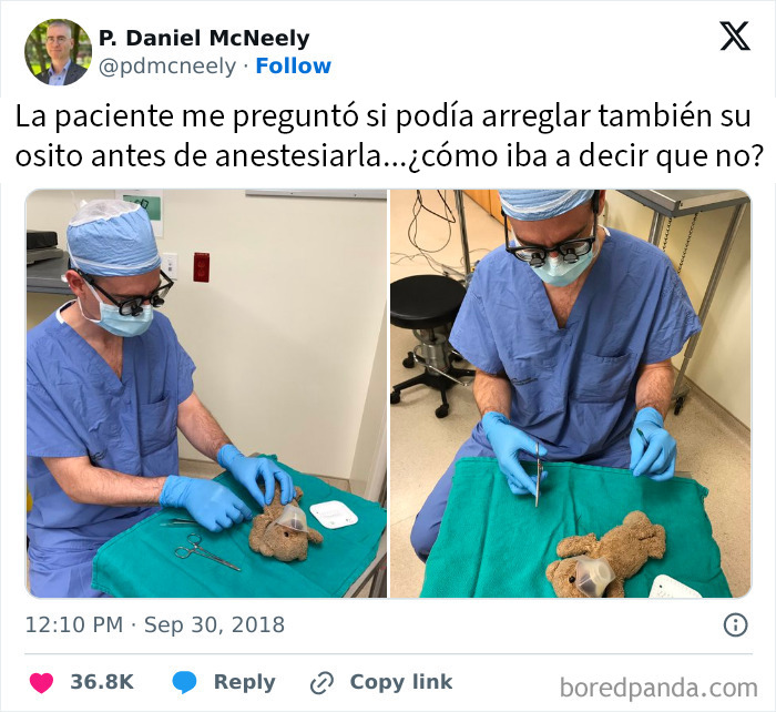 Médico en quirófano arreglando un oso de peluche con equipo quirúrgico, imagen divertida meme médico entretenido.