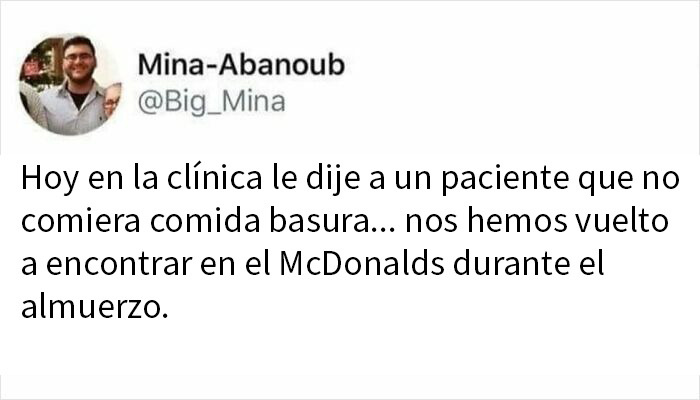 Meme médico divertido sobre pacientes y comida basura, ideal para quienes disfrutan memes médicos sin ser doctor.