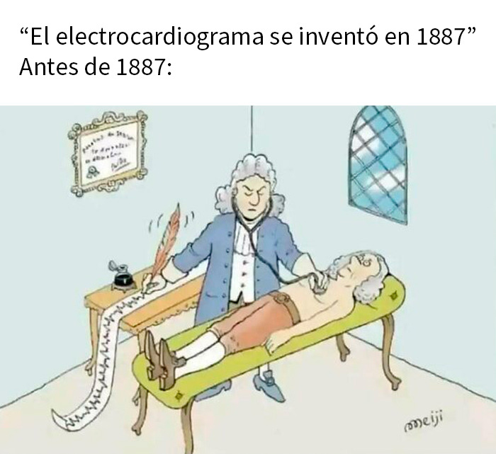 Ilustración humorística médica mostrando médico antiguo registrando latidos del paciente con pluma, memes médicos divertidísimos.