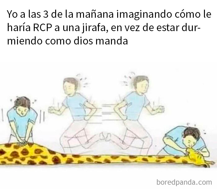 Persona haciendo RCP a una jirafa en dibujo humorístico mostrando memes médicos divertidísimos sobre situaciones médicas.