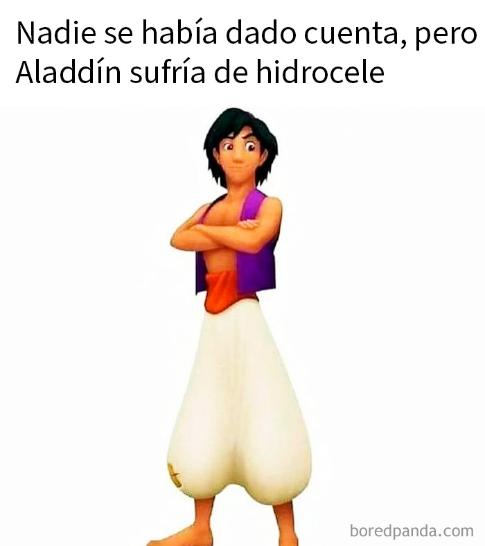 Meme médico humorístico de Aladdín con hidrocele, parte de divertidos memes médicos que causan risa y son fáciles de entender.
