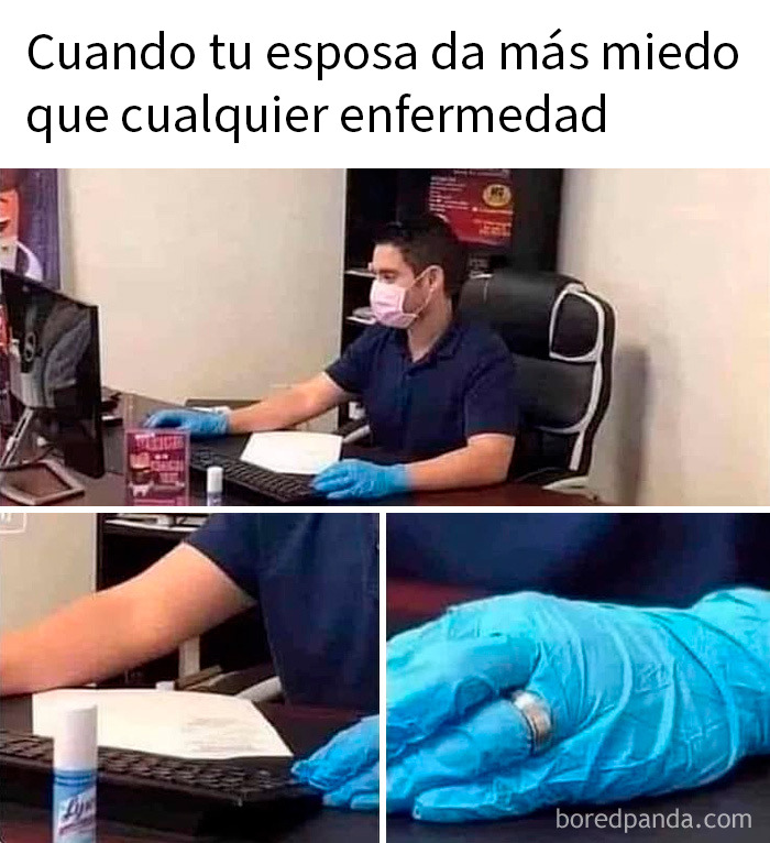 Hombre con guantes y mascarilla en oficina, mostrando humor médico relacionado con memes médicos divertidísimos.