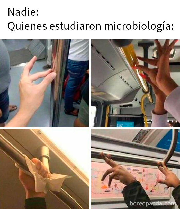 Memes médicos divertidos mostrando manos sujetando barras de transporte en el metro con humor relacionado a microbiología.